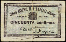 Andalucia
50 Céntimos. Julio 1937. C.M. de ALBANCHEZ (Almería). MUY ESCASO. (Pequeñas roturas centrales y manchas). RGH-180. MBC.