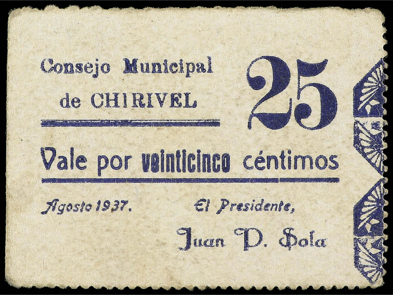 Andalucia
25 Céntimos. Agosto 1937. C.M. de CHIRIVEL (Almería). MUY RARO. Cartó...