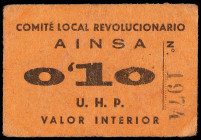 Aragon-Franja Ponent
10 Céntimos. Comité Local Revolucionario AINSA (Huesca). Cartón. RGH-101. MBC+.