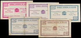 Aragon-Franja Ponent
Lote 5 billetes 15, 25, 50 Céntimos, 1 y 2 Pesetas. C.M. de BOLTAÑA (Huesca). Serie completa. RGH-1267/71. MBC a EBC.