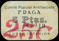 Aragon-Franja Ponent
25 Céntimos sobre 5 Pesetas. Comité Popular Antifascista FRAGA (Huesca). Cartón, tampón en violeta. RGH-2511. EBC+.