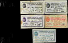 Aragon-Franja Ponent
Lote 5 billetes 5, 10, 15, 25 y 50 Céntimos. 1 Junio 1937. C.M. de LÉCERA (Zaragoza). (Algunas manchas). A EXAMINAR. RGH-3120/31...