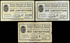 Aragon-Franja Ponent
Lote 3 billetes 25 (2) y 50 Céntimos. 1 Junio 1937. C.M. de LÉCERA (Zaragoza). A EXAMINAR. RGH-3123/3124. MBC- y MBC.