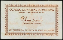 Aragon-Franja Ponent
1 Peseta. Diciembre 1937. C.M. de MONEVA (Zaragoza). MUY RARO. Leves manchitas). RGH-3605. EBC.
