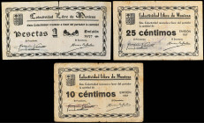 Aragon-Franja Ponent
Lote 3 billetes 10, 25 Céntimos y 1 Peseta. Colectividad Libre de MUNIESA (Teruel). Alguna rotura. RGH-3762/64. MBC a MBC- .