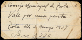 Aragon-Franja Ponent
1 Peseta. 24 Mayo 1937. C.M. de TORLA (Huesca). Serie A 336 manuscrito sobre papel, al dorso tampón del Ayuntamiento en violeta....