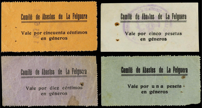 Asturias
Serie 4 billetes 10 y 50 Céntimos y 1 y 5 Pesetas. 1936. COMITÉ DE ABA...