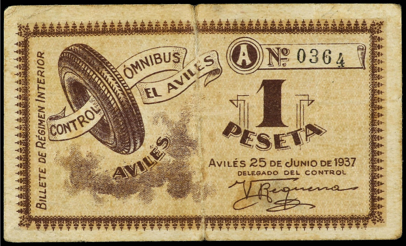 Asturias
1 Peseta. 25 Junio 1937. CONTROL OMNIBUS EL AVILES. MUY RARO. (Roturas...