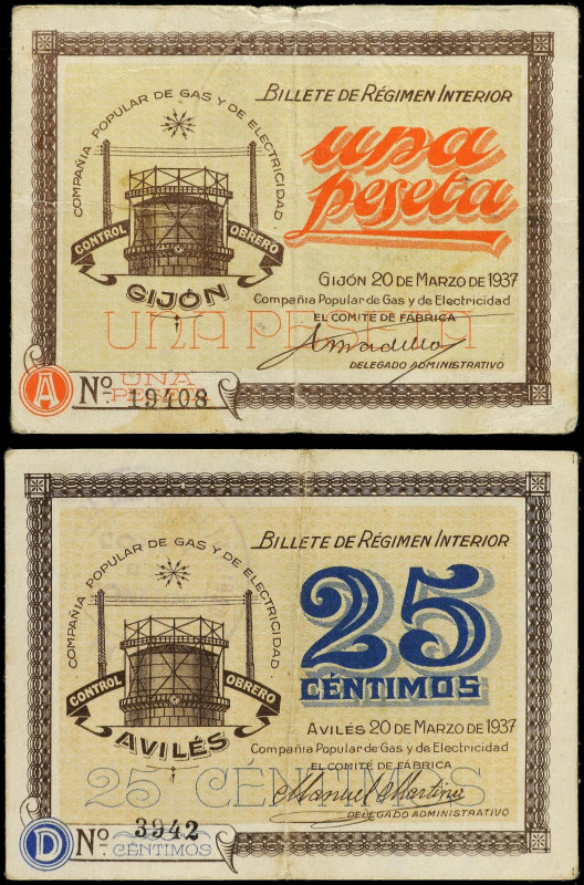 Asturias
Lote 2 billetes 25 Céntimos y 1 Peseta. 20 Marzo 1937. COMPAÑÍA POPULA...