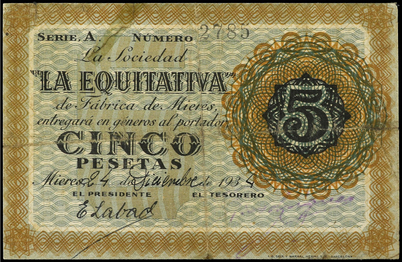 Asturias
5 Pesetas. 1934. FABRICA DE MIERES. COOPERATIVA DE CONSUMO LA EQUITATI...