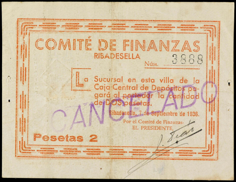 Asturias
2 Pesetas. 10 Septiembre 1936. COMITÉ DE FINANZAS DE RIBADESELLA. MUY ...