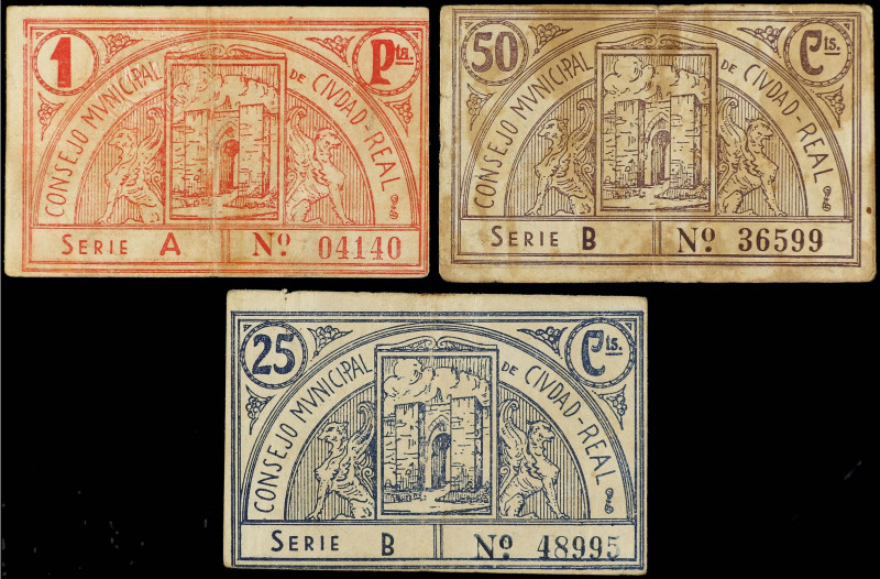 Castilla-La Mancha
Lote 3 billetes 25, 50 Céntimos y 1 Peseta. 1937. C.M de CIU...