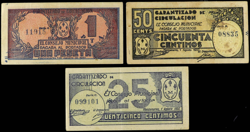 Castilla-La Mancha
Lote 3 billetes 25, 50 Céntimos y 1 Peseta. 1 Agosto 1937. C...