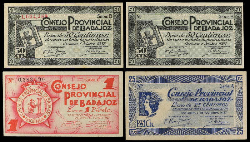 Extremadura
Lote 4 billetes 25, 50 Céntimos (2) y 1 Peseta. CONSEJO PROVINCIAL ...