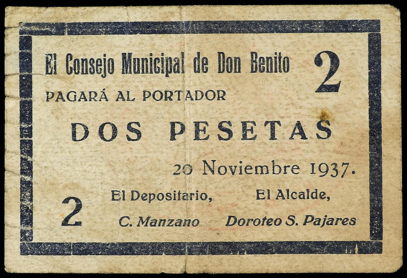 Extremadura
2 Pesetas. 20 Noviembre 1937. C.M. de DON BENITO (Badajoz). RARO. (...