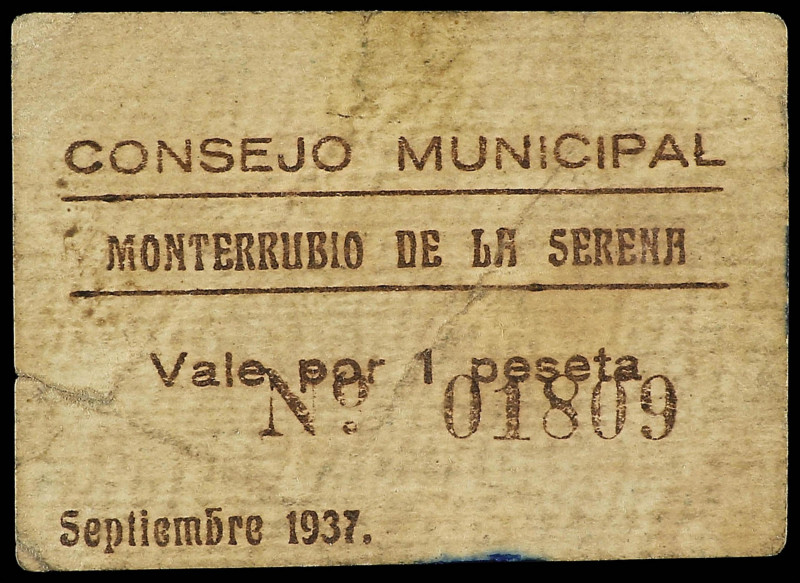 Extremadura
1 Peseta. Septiembre 1937. C.M. de MONTERRUBIO DE LA SERENA (Badajo...