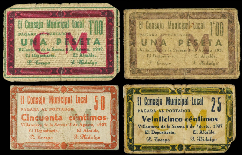 Extremadura
Lote 4 billetes 25, 50 Céntimos y 1 Peseta (2). 5 Agosto 1937. C.M....