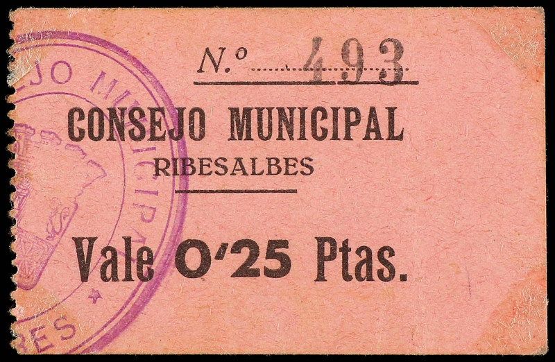 Valencia
0,25 Pesetas. C.M. de RIBESALBES (Castellón). RARÍSIMO. AT-1238. EBC-....