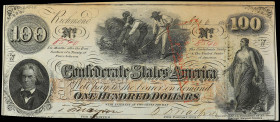 100 Dollars. 5-11-1862. CONFEDERATE STATES OF AMERICA. Esclavos recogiendo algodón en el centro, a izquierda retrato de Calhoun. Fechado, numerado y f...