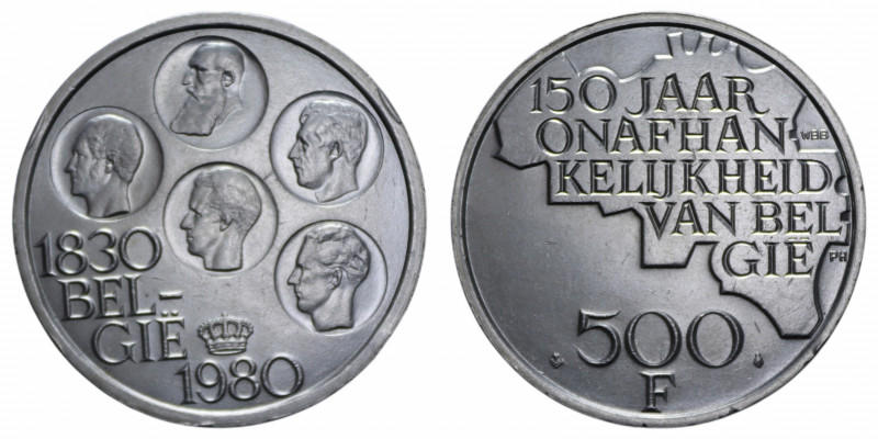 BELGIUM 500 FRANCHI 1980 AG. 25,49 GR. qFDC (COLPETTI)