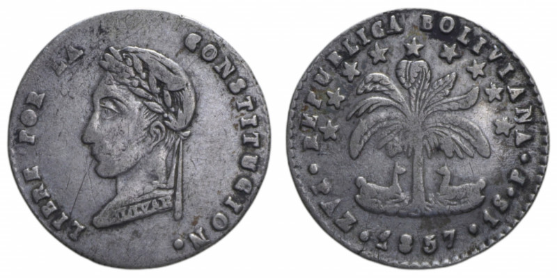 BOLIVIA REPUBBLICA 1 SOL 1857 PAZ AG. 3,16 GR. BB