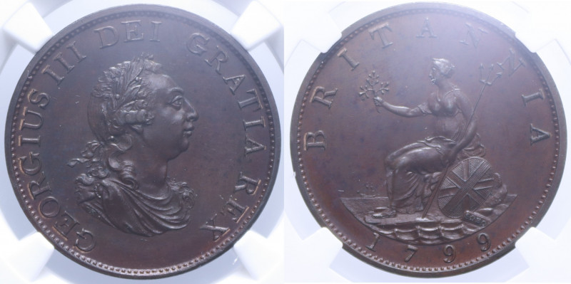 ENGLAND GIORGIO III HALF PENNY 1799 SOHO CU. MS64 BN (SIGILLATA NGC 2103171-022)