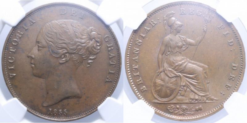 ENGLAND VICTORIA PENNY 1855 ORNAMENTAL TRIDENT CU. MS63 BN (SIGILLATA NGC 210317...