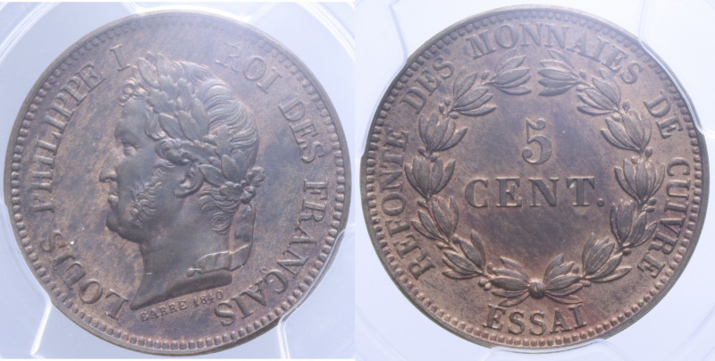 FRANCE LUIGI FILIPPO I 5 CENTIMES 1840 ESSAI CU. 7,4 GR. SP63RB (SIGILLATA PCGS ...