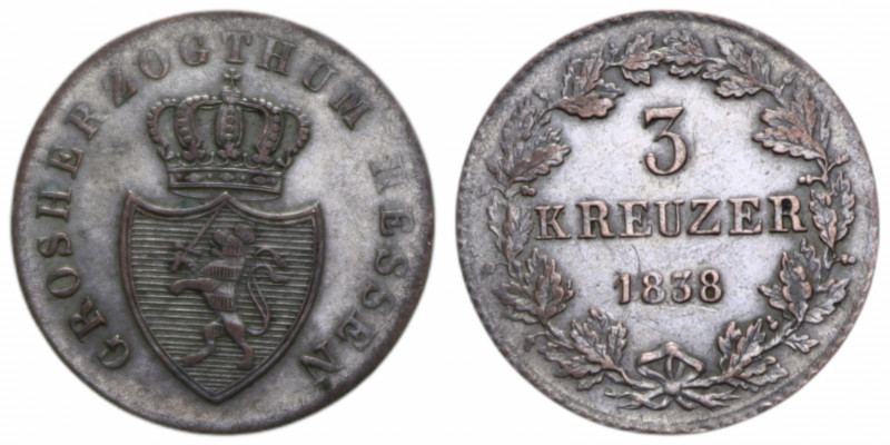 GERMANY HESSEN 3 KREUZER 1838 MI. 1,17 GR. qSPL