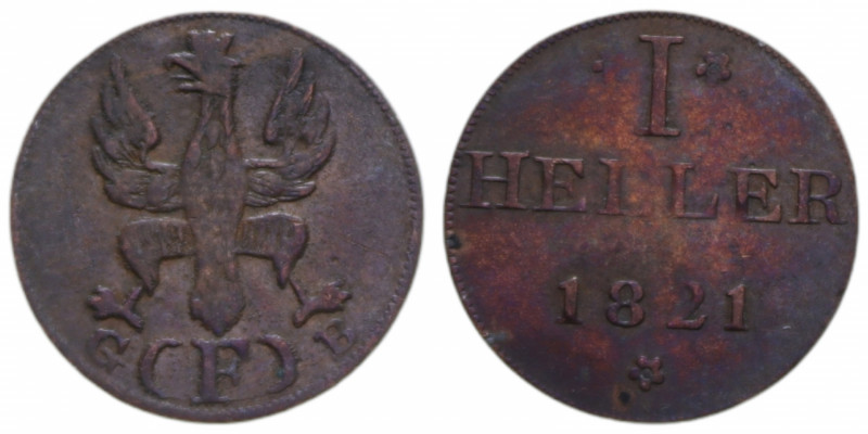 GERMANY FRANKFURT 1 HELLER 1821 F CU. 1,11 GR. BB