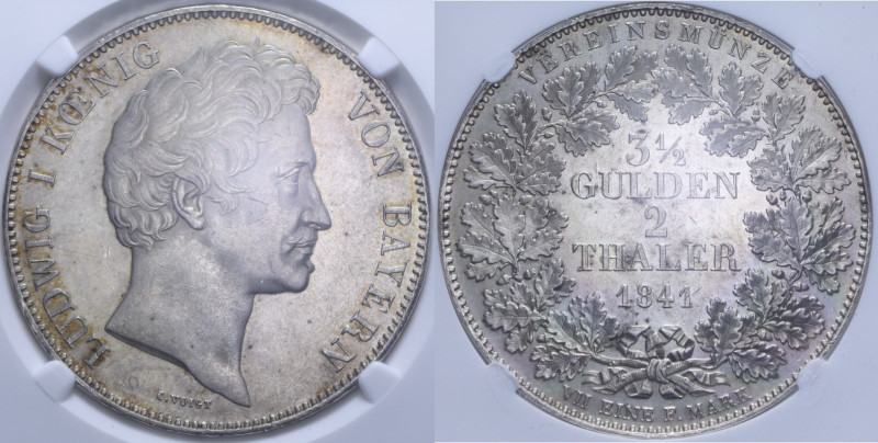 GERMANY BAVARIA LUDWIG I 2 TALLERI 1841 AG. MS62 (SIGILLATA NGC 5883927-026 BEST...