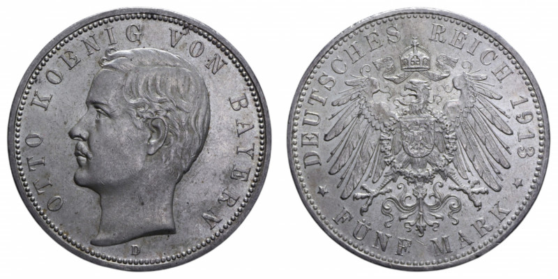 GERMANY BAVARIA OTTO 5 MARK 1913 D AG. 27,77 GR. SPL-FDC