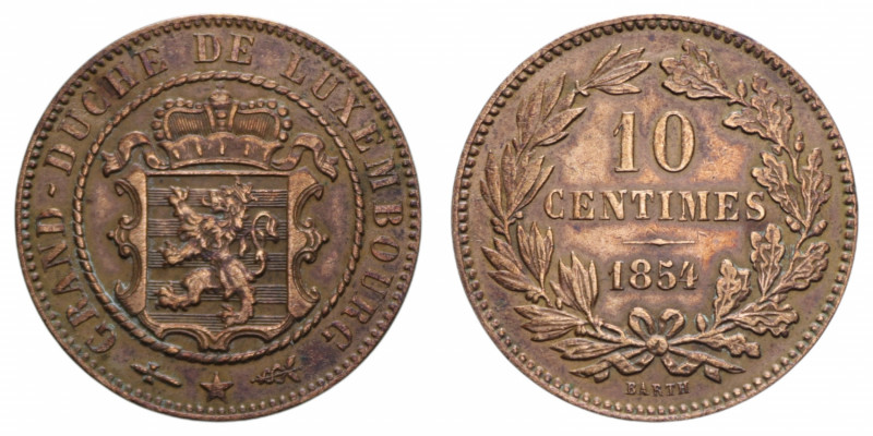 LUXEMBOURG 10 CENT. 1854 CU. 9,86 GR. BB+