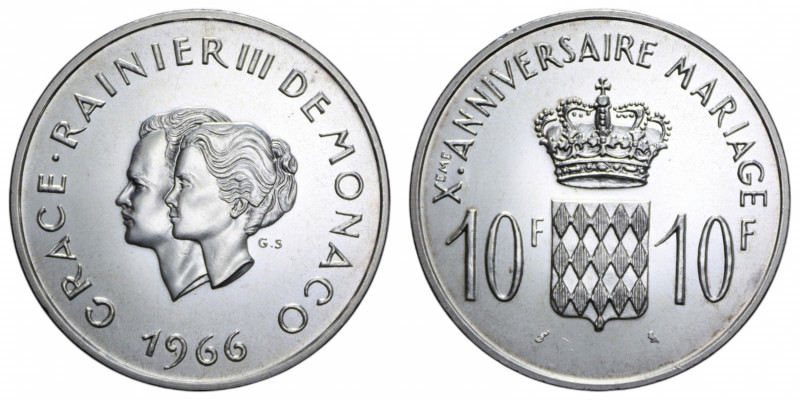 MONACO RANIERI III 10 FRANCS 1966 AG. 25,05 GR. qFDC/FDC