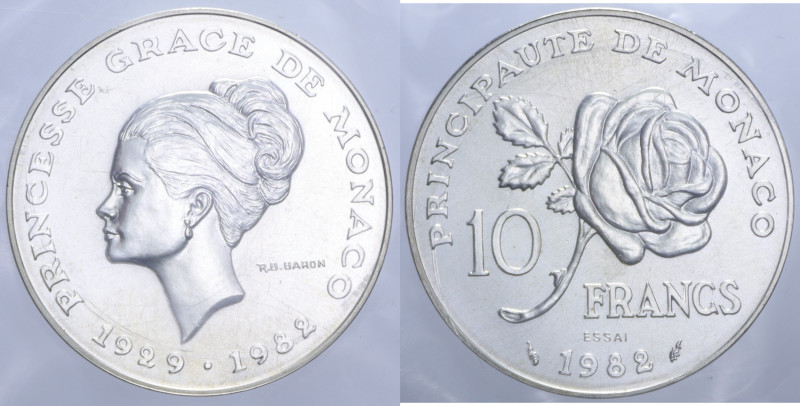 MONACO 10 FRANCS 1982 ESSAI PRINCESSE GRACE AG. 11,4 GR. FDC (IN COFANETTO E CER...