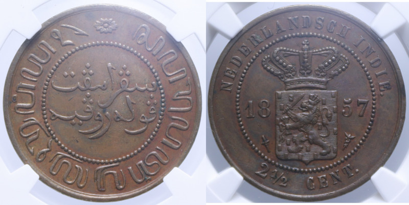 NETHERLAND EAST INDIES 2 1/2 CENTS 1857 CU. AU55 BN (SIGILLATA NGC 2103176-026)