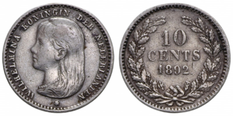 NETHERLANDS WILHELMINA 10 CENTS 1892 AG. 1,43 GR. BB+