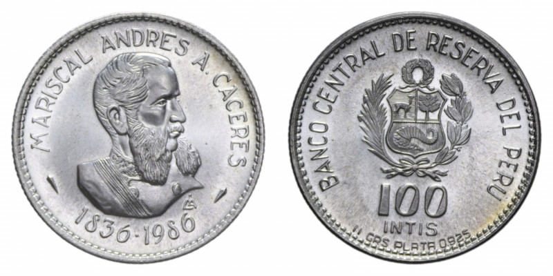 PERU' 100 INTIS 1986 MARSHAL CACERES AG. 11,15 GR. FDC