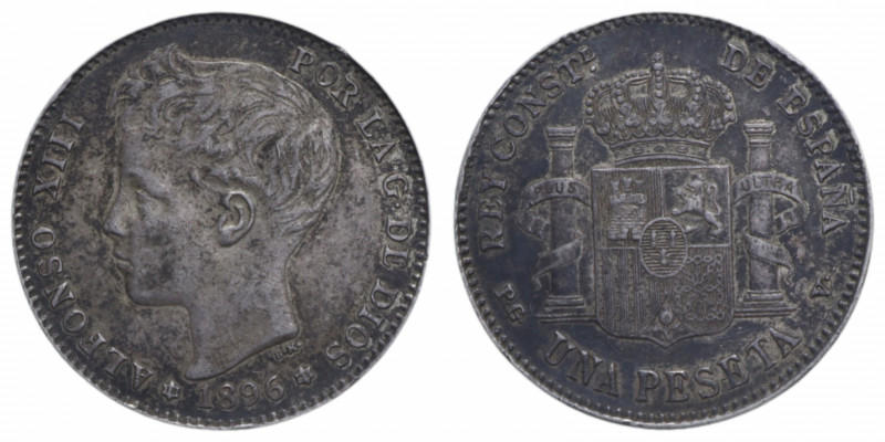 SPAIN ALFONSO XIII 1 PESETA 1896 AG. 5,04 GR. BB+ (PATINATA)