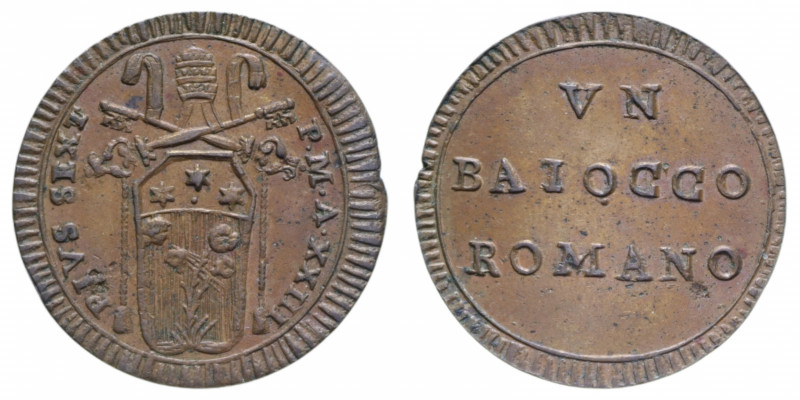 ROMA PIO VI (1775-1799) BAIOCCO ROMANO A. XXIII CU. 8,51 GR. qFDC/FDC