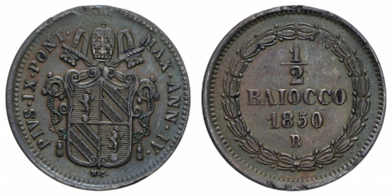 STATO PONTIFICIO PIO IX (1846-1870) 1/2 BAIOCCO 1850 BOLOGNA IV CU. 4,92 GR. BB+...