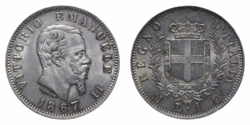 VITT. EMANUELE II (1861-1878) 1 LIRA 1867 MILANO STEMMA AG. 5,10 GR. qFDC