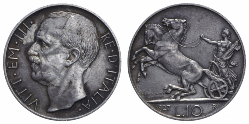 VITT. EMANUELE III (1900-1943) 10 LIRE 1927 BIGA 2 ROSETTE AG. 9,96 GR. BB/BB-SP...