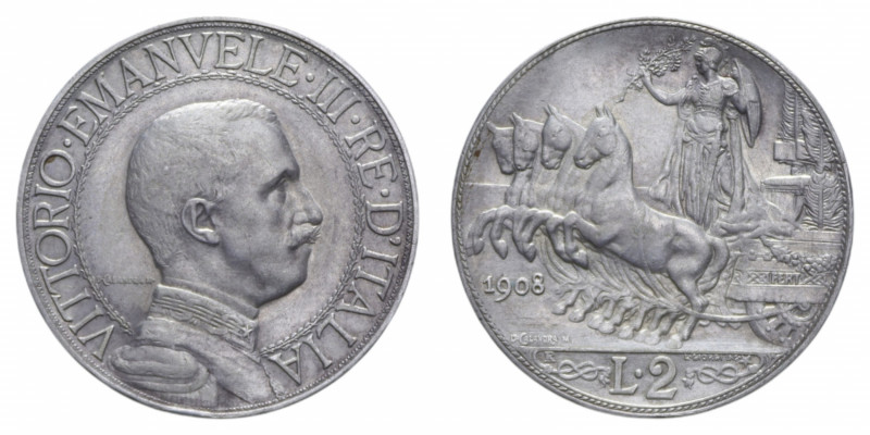 VITT. EMANUELE III (1900-1943) 2 LIRE 1908 QUADRIGA VELOCE AG. 10,02 GR. BB-SPL/...