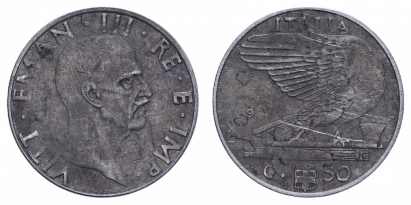 VITT. EMANUELE III (1900-1943) 50 CENT. 1939 IMPERO VARIANTE VISIBILE SOLO IL 9 ...