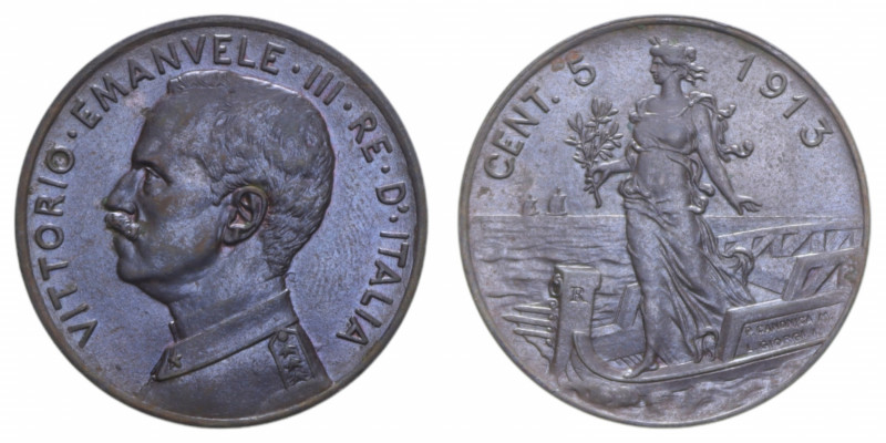 VITT. EMANUELE III (1900-1943) 5 CENT. 1913 ITALIA SU PRORA NC CU. 4,84 GR. SPL/...