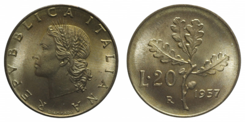 20 LIRE 1957 RAMO DI QUERCIA GAMBO 7 STRETTO BA. 3,60 GR. FDC