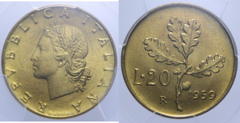 20 LIRE 1959 RAMO DI QUERCIA NC BA. 3,6 GR. MS66 (SIGILLATA PCGS 338743.66-39327...