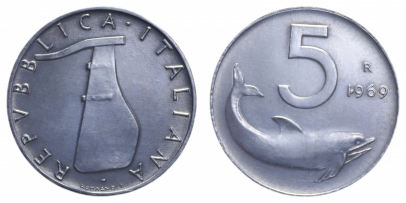 5 LIRE 1969 DELFINO 1 ROVESCIATO NC IT. 0,97 GR. qSPL (LUCIDATA)