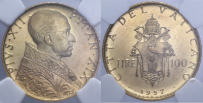 PIO XII (1939-1958) 100 LIRE 1957 XIX R AU. 5,19 GR. MS65 ( SIGILLATA NGC 307058...